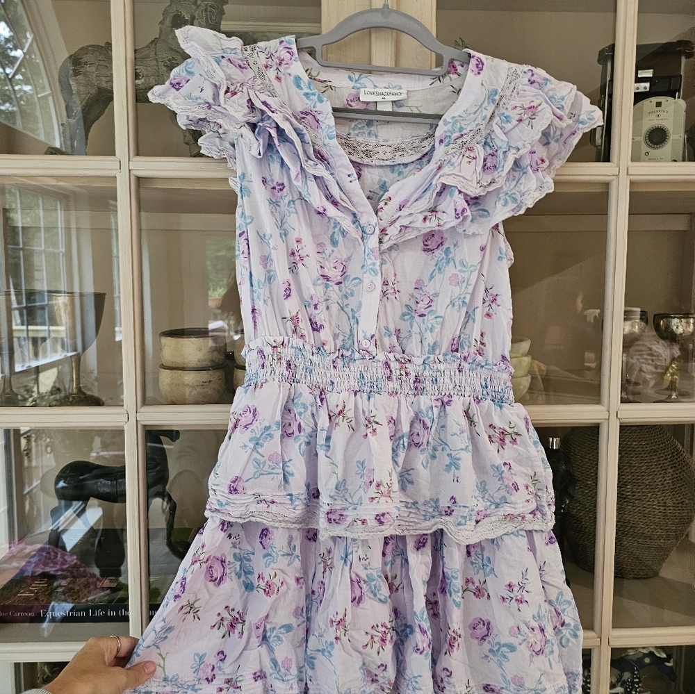 Love Shack Fancy Lou Double Ruffle Dress Sz M LAVENDER Floral x Target - Picture 14 of 15